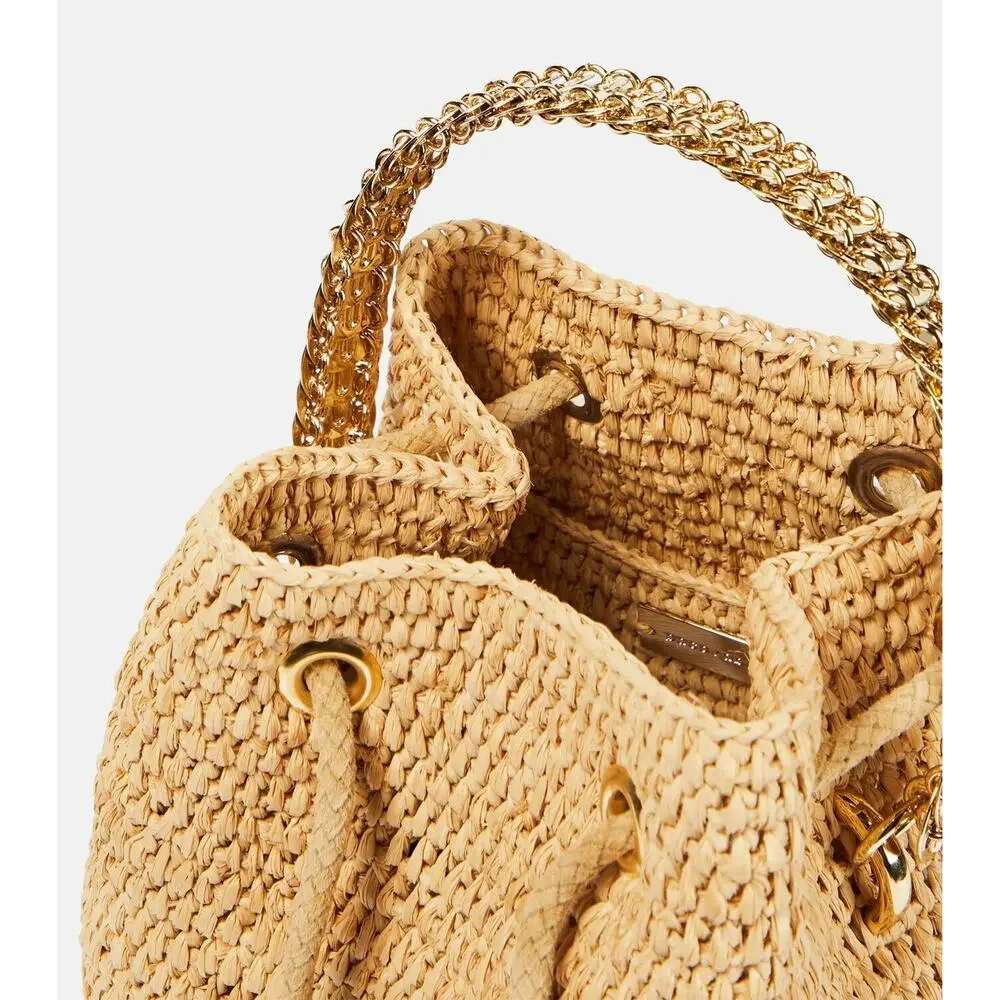 PACO RABANNE Natural Raffia Bucket Bag Gold Chain Link Top Handle Crossbody Bag